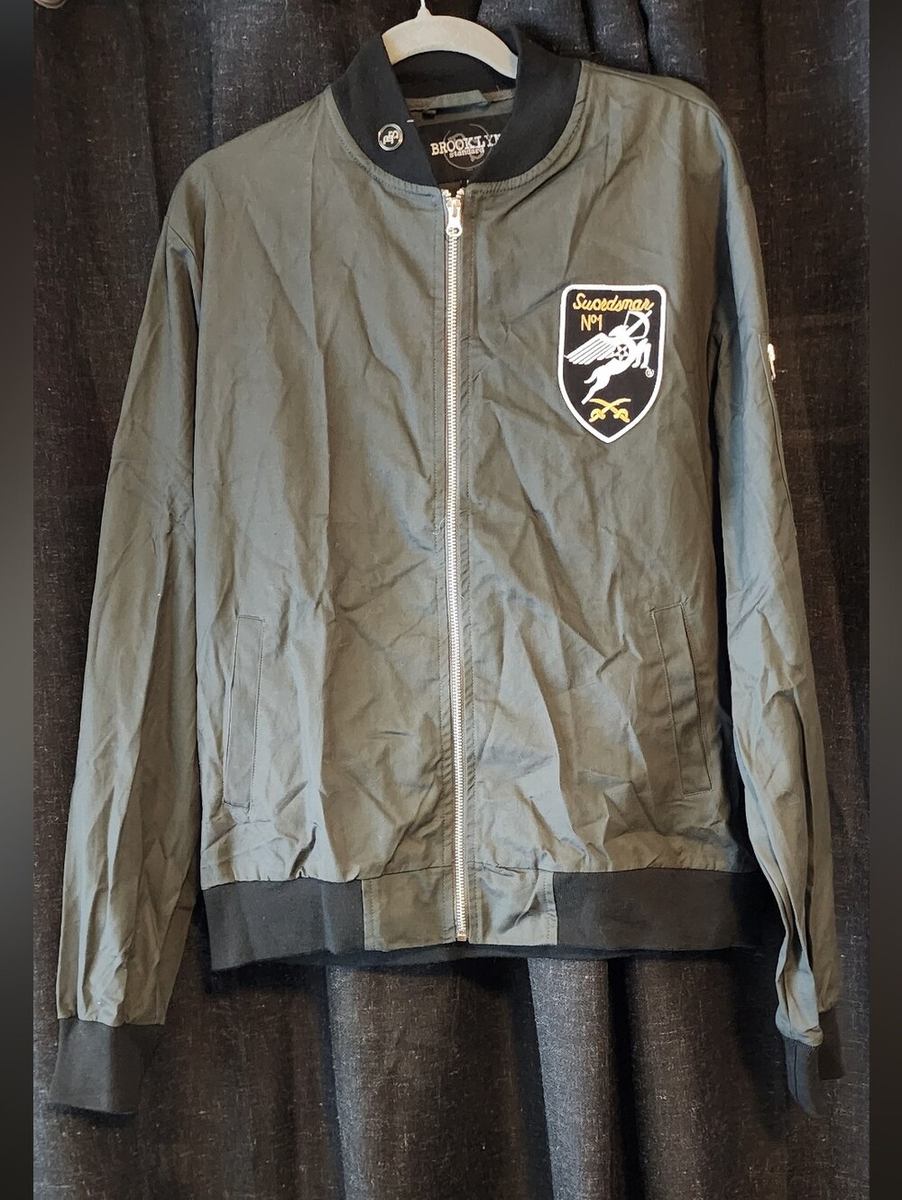 Brooklyn Cloth Gray Bomber Jacket NWT • Pegasus Patch • Streetwear Zip Jacket